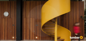 An image of exotic wood siding and a yellow staircase.