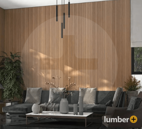 Large wood accent wall behind a sofa, showcasing wood accent wall ideas.