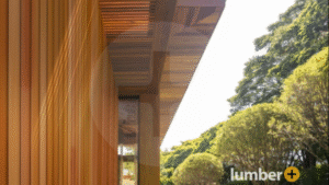 An image of the exterior side of a house with wood cladding.