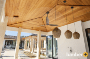 An inviting wood ceiling idea, it features durable Thermowood Ayous.