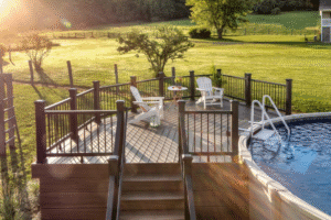 An above ground pool with an attached wood deck.
