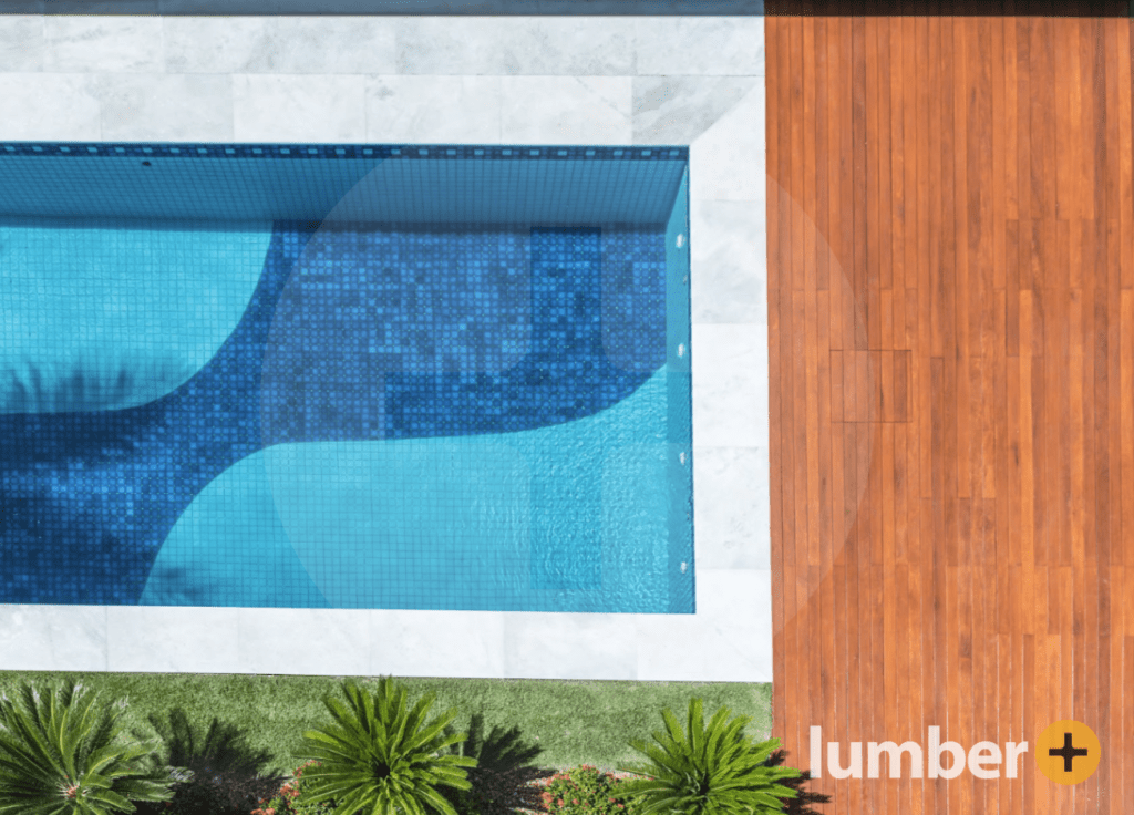 an image of a pool deck from above to introduce the comparison of Cumaru vs. Ipe decking